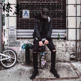 Quần jean nam rách gối + trơn - quần bò dáng côn màu đen - vải co giãn STARSKY QJ012