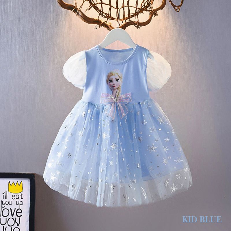 Váy Lưới Thắt Nơ In Hình Hoa Tuyết Elsa Cho Bé Gái