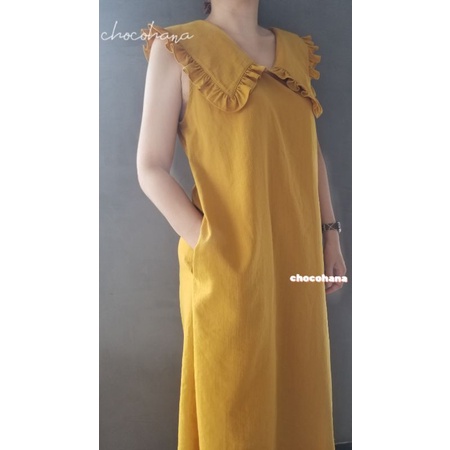 Chocohana Váy đầm màu vàng, form rộng, phong cách Hàn Quốc