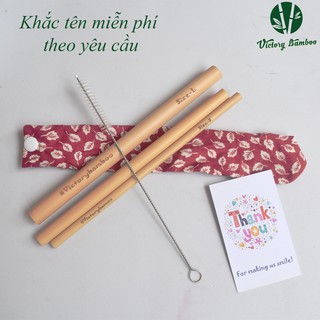 Bộ 3 ống hút tre tặng kèm 1 túi vải và 1 cọ Inox - Khắc tên hoặc hình ảnh miễn phí theo yêu cầu.