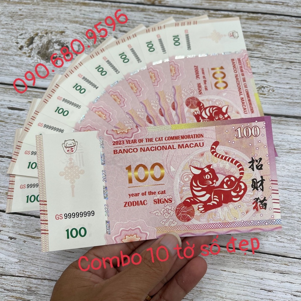 Bộ 10 Tờ Tiền Macao Con Mèo 100 Patacas Số Seri Siêu Đẹp Có Full 8,9