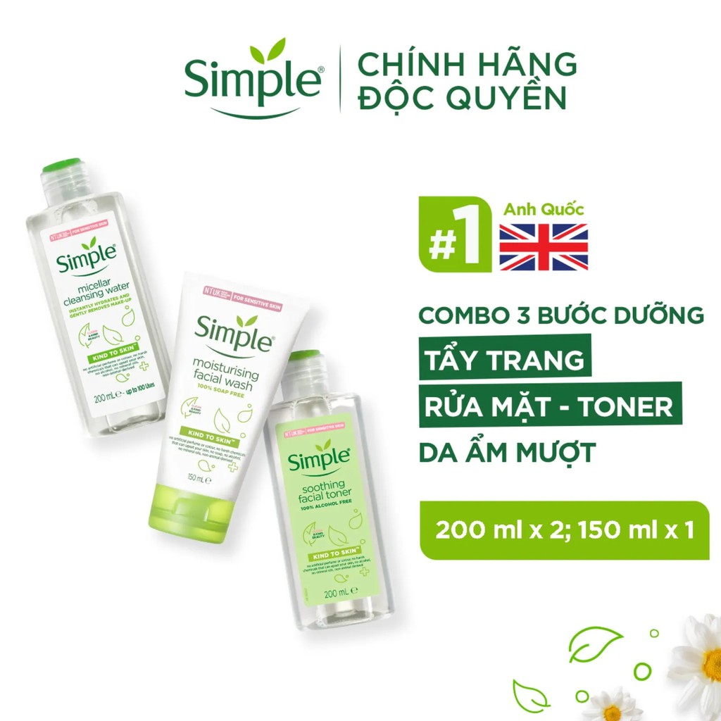 Combo Simple Tẩy trang Micellar 200ml + Sữa rửa mặt 150ml + Nước hoa hồng Toner 200ml cho da ẩm mịn đàn hồi [ĐỘC QUYỀN] | BigBuy360 - bigbuy360.vn