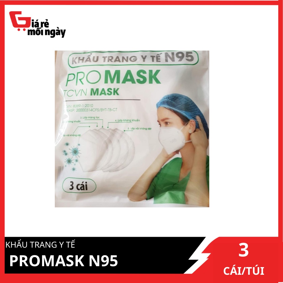 [Hàng chính hãng] Khẩu trang y tế N95 PROMASK 5 lớp kháng khuẩn túi 3 cái