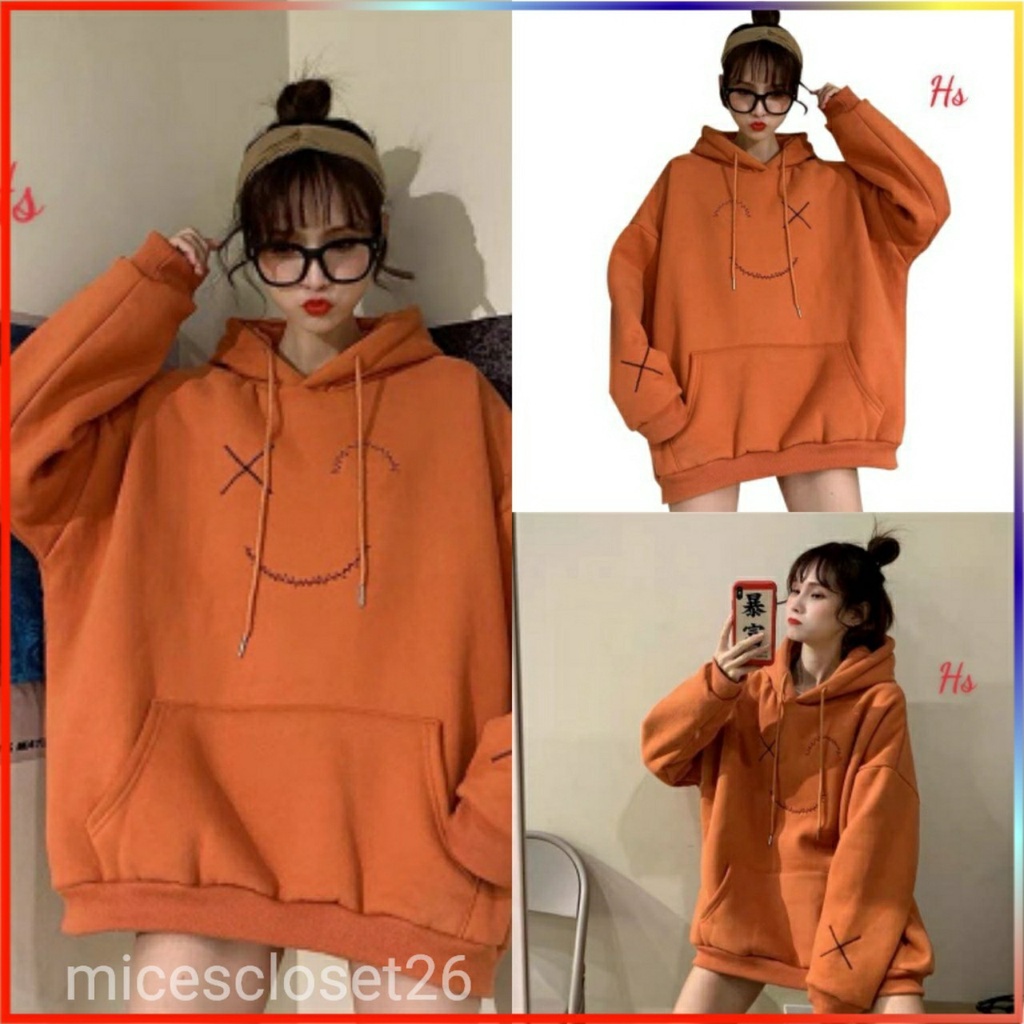 Áo khoác nam nữ. Áo hoodies chất nỉ màu cam họa tiết mặt cười form rộng kiểu dáng unisex
