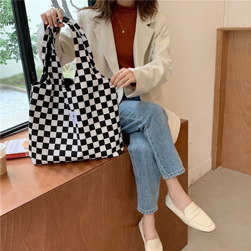 Túi tote Túi vải canvas hoạ tiết ô trám phong cách Hàn Quốc T37