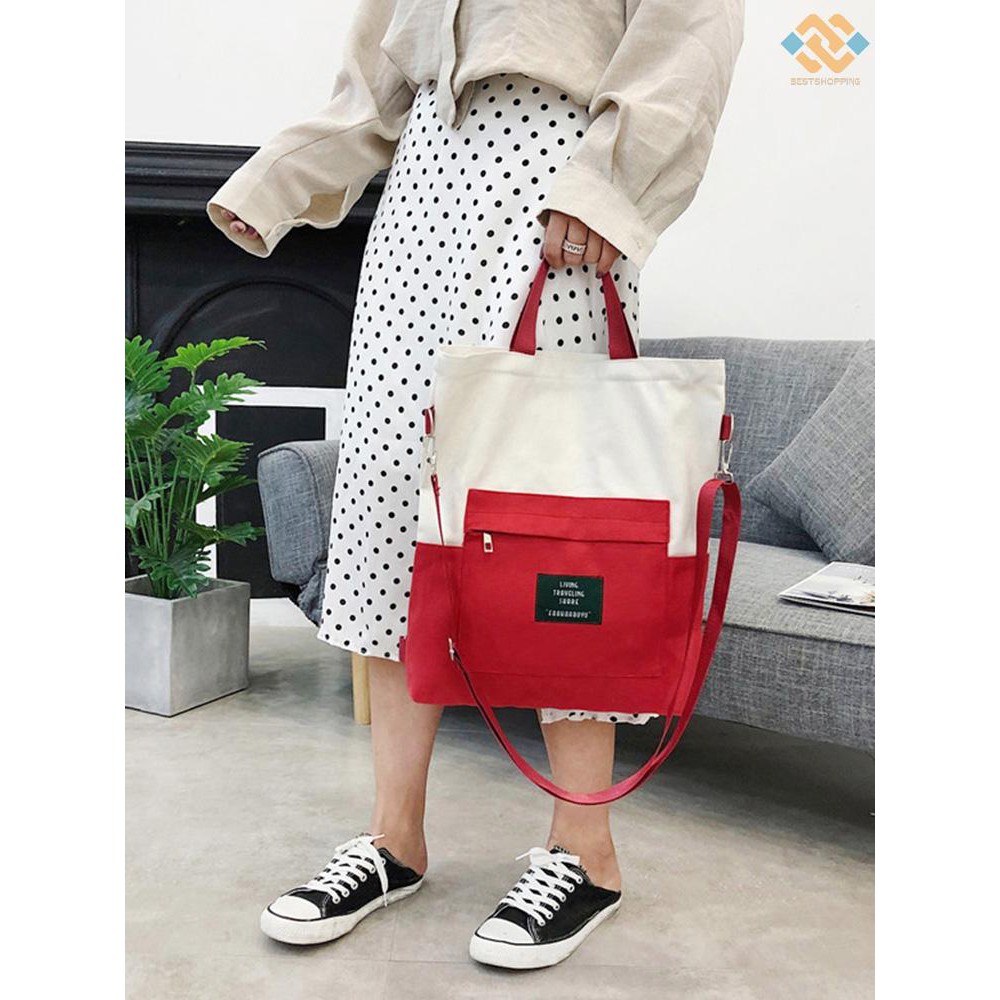 [BEST]Women Handbag Canvas Color Block LIVING TRAVELING SHARE Letters Zipper Large Capacity Multifunction Shoulder Bag