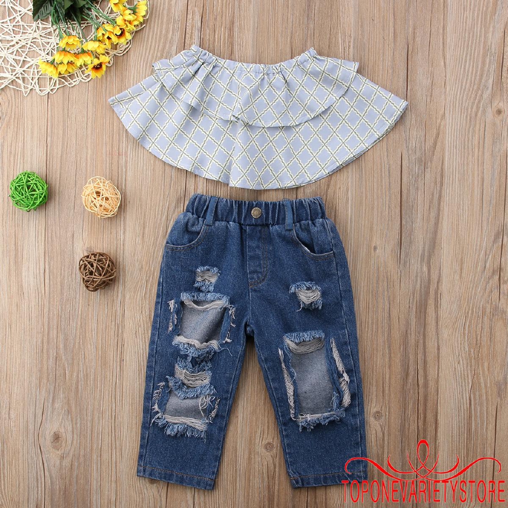 Set áo trễ vai + Quần jeans cho bé gái