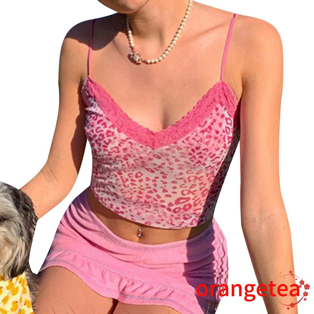 Áo Croptop Sát Nách Cổ Chữ V Phối Ren Họa Tiết Da Báo Quyến Rũ Thời Trang Hè Cho Nữ