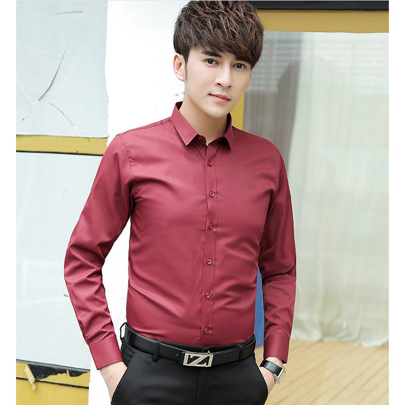 Áo sơ mi Nam dài tay cổ trơn màu đỏ đô | BigBuy360 - bigbuy360.vn