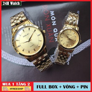 Đồng Hồ Đôi Nam Nữ Halei Dây Vàng Mặt Vàng Quà Tặng Ý Nghĩa