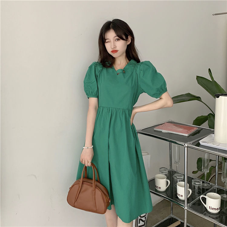 Yunyun Clothing Home ~ Summer 2021 New Korean Design Sense Neckline Buckle Lace Up Waist Short Sleeve Dress[delivery Within 15 Days ]