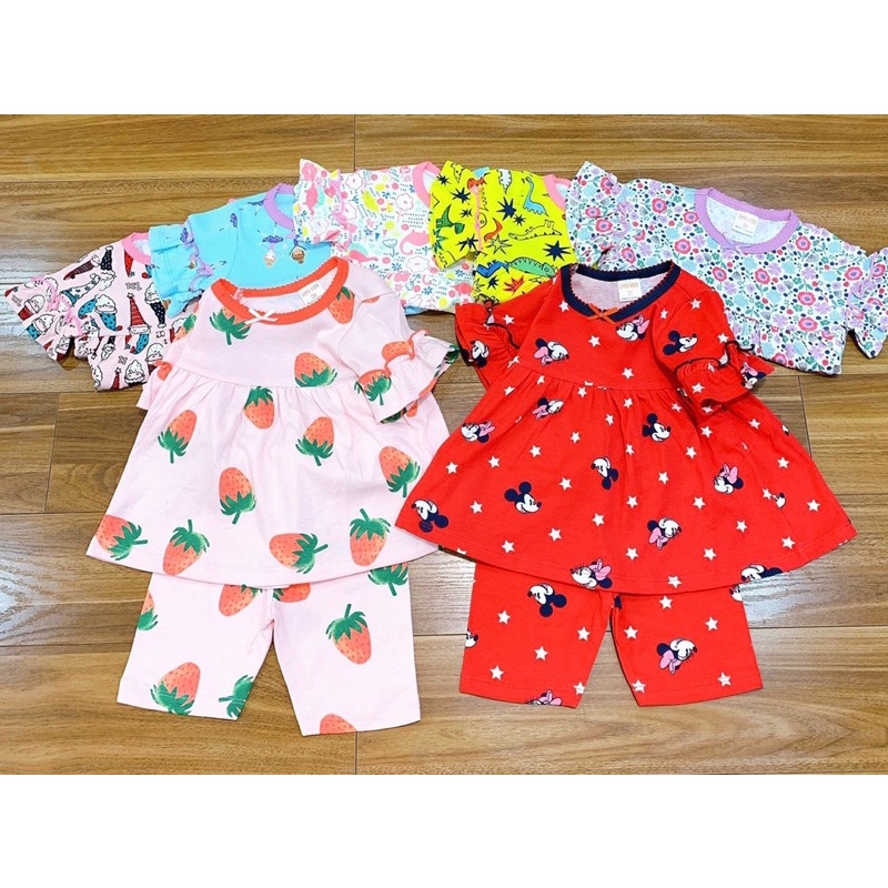 Bộ ngắn tay nhún  bèo cotton borip bé gái (Sz 10-20kg)