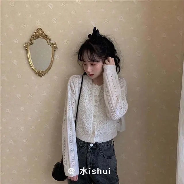 Áo Khoác Cardigan Dệt Kim Đính Hạt Ngọc Trai Màu Sắc Đơn Giản Phong Cách Hàn Quốc