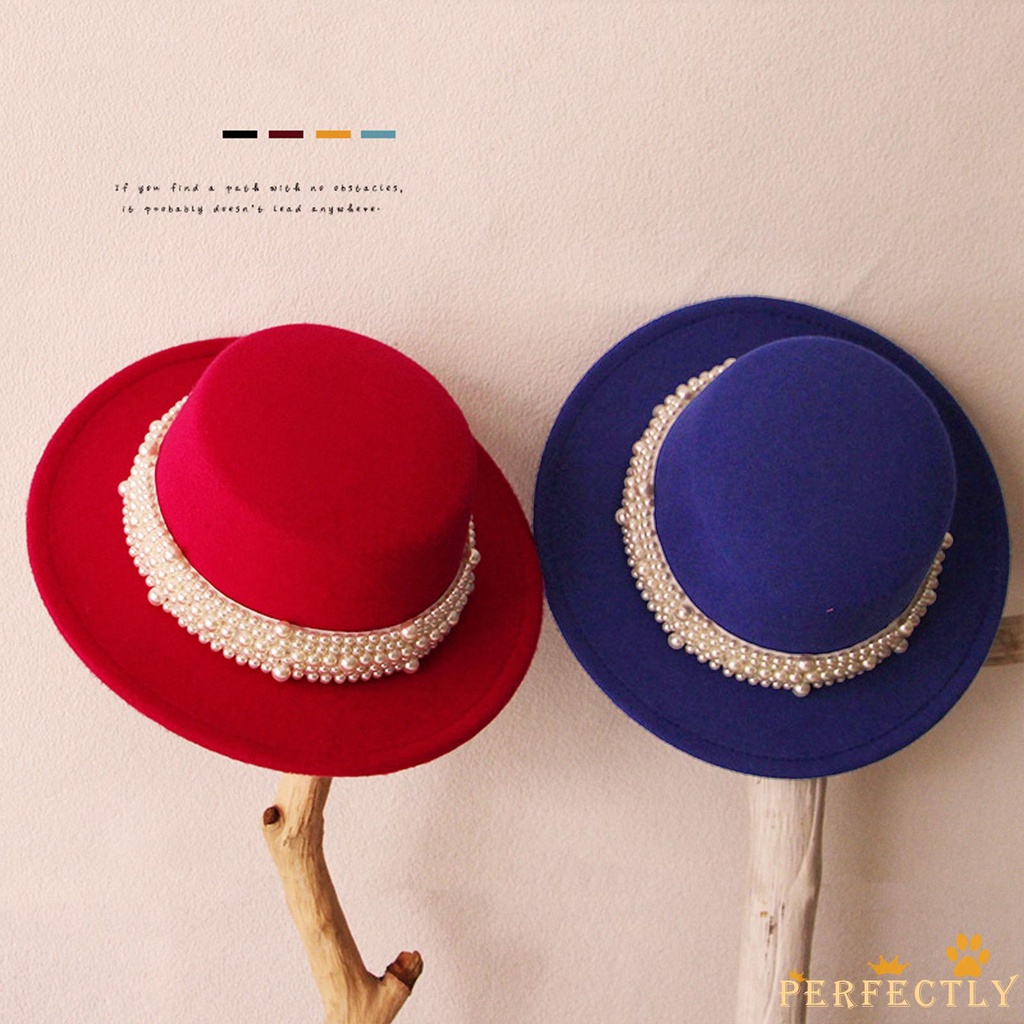 Mũ quả dưa vành rộng màu trơn đính ngọc trai giả kiểu vintage PFT cho bé