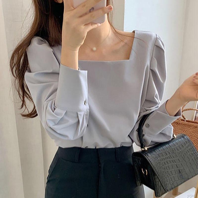 Áo kiểu tay dài cổ vuông phong cách Hàn Quốc hợp thời trang cho nữ