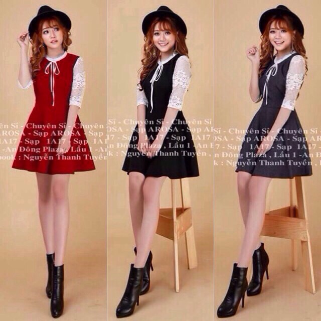 🍒Đầm xoè nơ cổ ren tay (Free/big size XL, 2XL) _ kèm hình sp thật