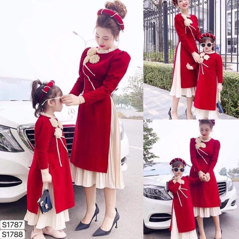 ÁO DÀI NHUNG ĐỎ MẸ CON