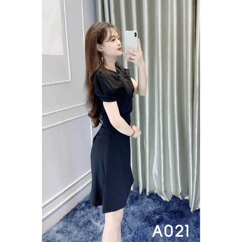 Đầm Công Sở Dáng Xòe Có Nơ To Trước Ngực -  Charme shop A021 Màu Đen