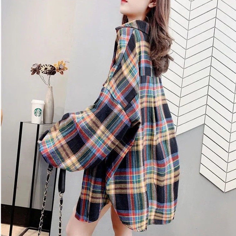Áo sơ mi caro tay dài dáng rộng thiết kế mới phong cách retro Hàn Quốc