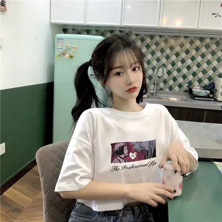 ZHELIHANGFEI Áo thun in ngắn tay rộng cạp cao rốn gợi cảm