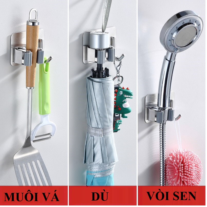 Móc treo chổi, cây lau nhà Inox - Móc treo vòi sen, cọ chà toilet không cần khoan tường