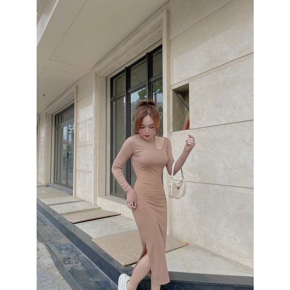 Đầm tay dài khoét xéo vai chất gân đẹp body đẹp dáng dài k