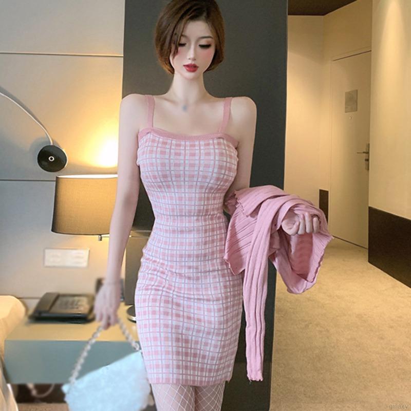 Đầm Dệt Kim Hai Dây Kẻ Sọc Caro Phong Cách Hàn Quốc Cho Nữ