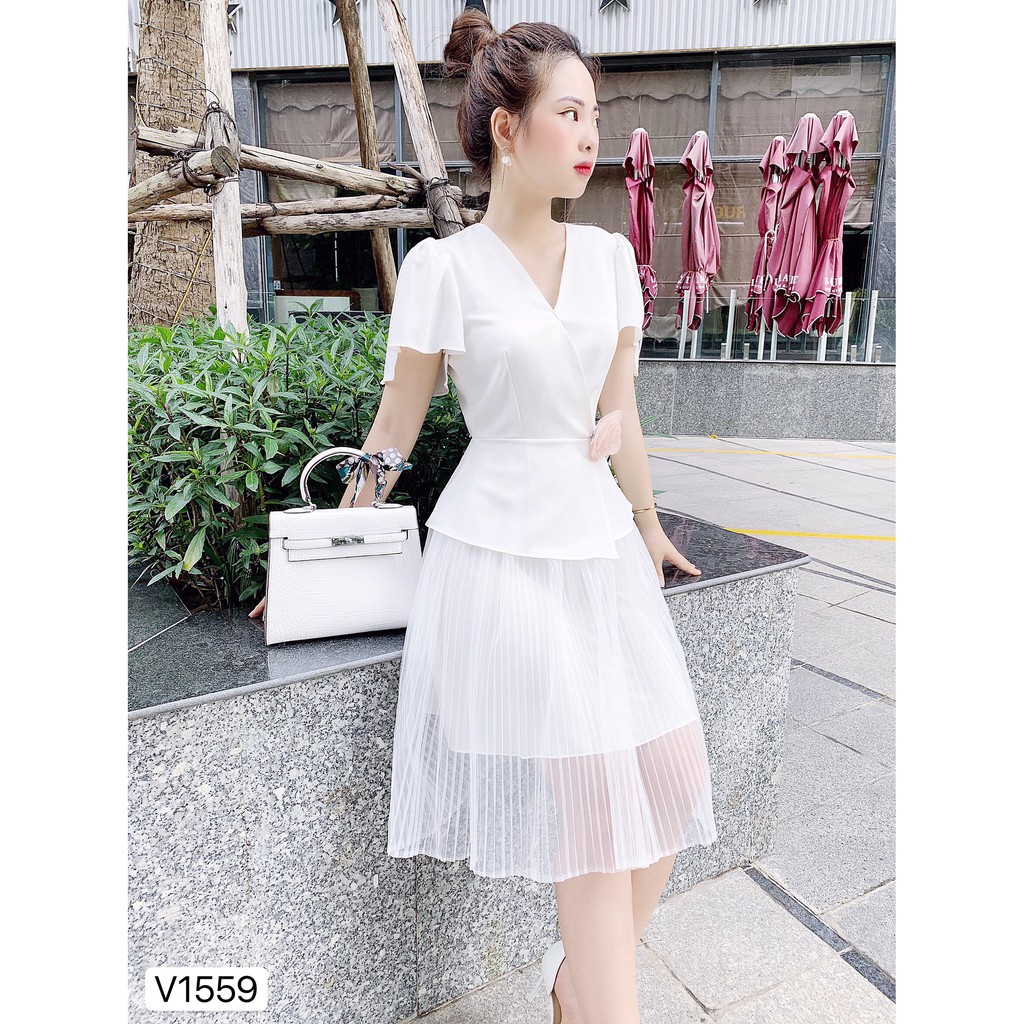 Váy trắng liền cổ V V1559 - Đẹp Shop DVC (Kèm ảnh thật trải sàn do shop tự chụp) | BigBuy360 - bigbuy360.vn