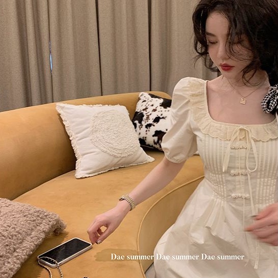 [MURIOKI] Đầm Công Chúa Cổ Vuông Phối Ren Màu Trắng Phong Cách Pháp Thời Trang 2022 Sang Trọng Cho Nữ