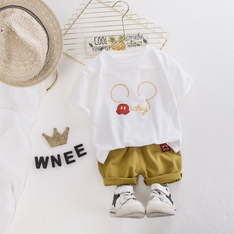 Set Đồ Thể Thao Gồm Áo Thun Cotton In Hình Chuột Mickey + Quần Ngắn Thời Trang Mùa Hè Cho Bé Trai