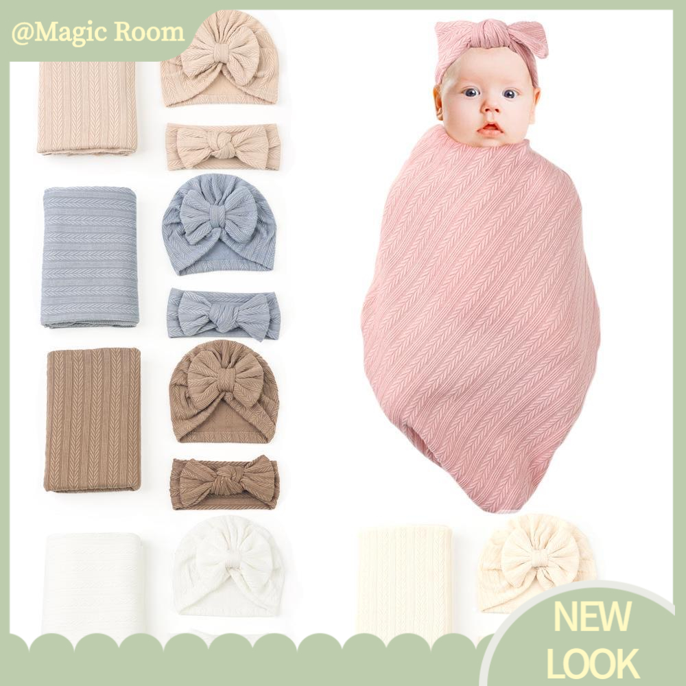 Babyfair. 3 bộ  Khăn quấn em bé kèm băng đô họa tiết dễ thương, Dây buộc tóc + mũ + khăn quấn cho bé sơ sinh