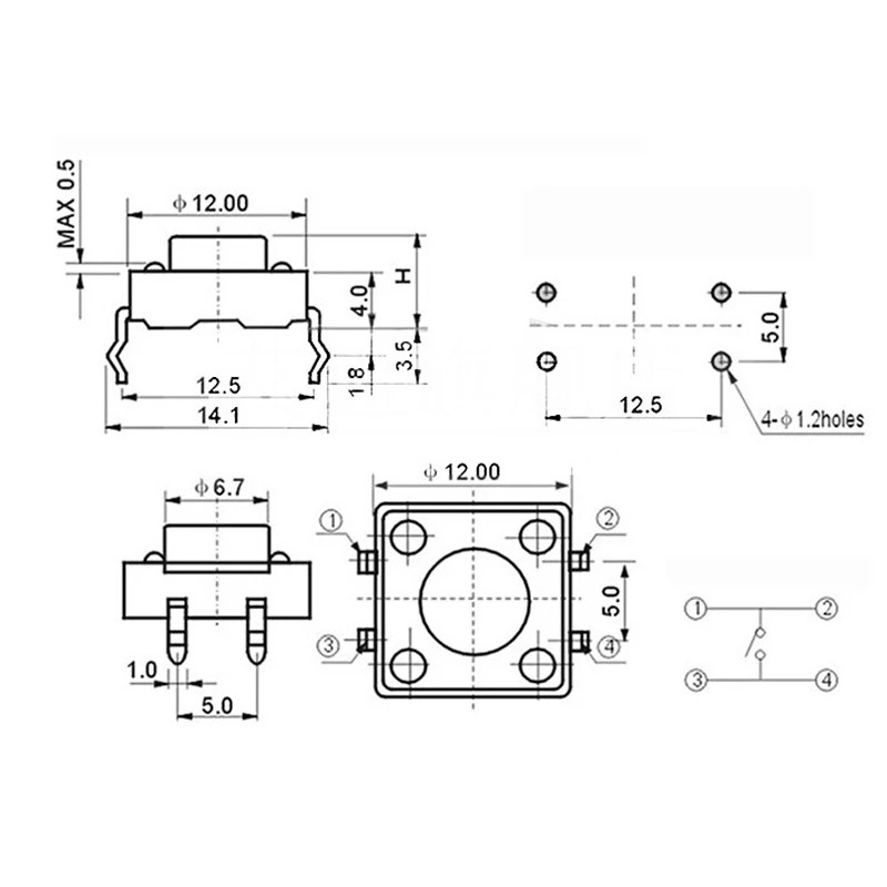12X12 H = 4,3 / 4,5 / 5 / 5,5 / 6/7/8 ~ 17 MÉT 4PIN DIP   Công tắc xúc giác tạm thời Công tắc nút nhấn Công tắc ĐEN