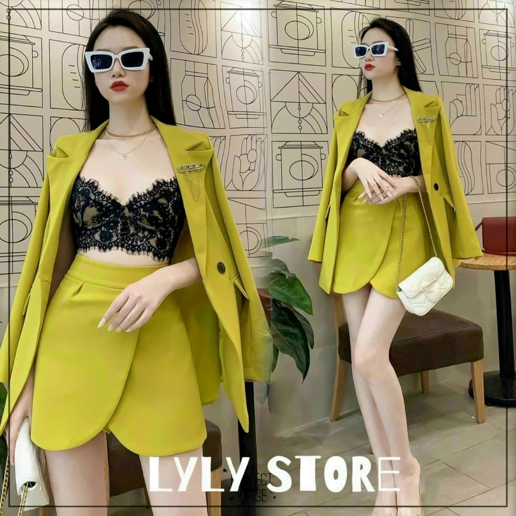 [Set váy free ship] Set 2 món đi chơi tiệc sang trọng với chấn váy lưng cao kèm khoác vest sang trọng