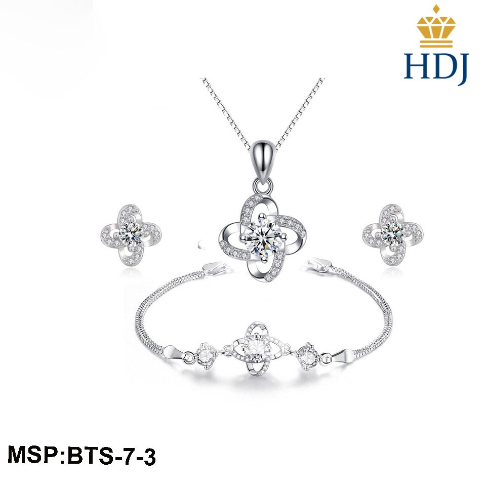 Combo dây chuyền, bông tai và lắc bạc Ý 925 Hình Cỏ bốn lá may mắn sang trọng trang sức cao cấp HDJ mã BTS-7-3 Hot