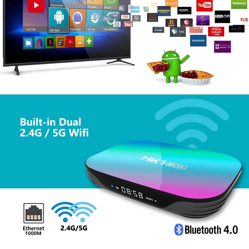 Đầu thu tín hiệu TV thông minh HK1 8k 4gb 128gb 9 S905X3 Android 9.0 1000m Wifi 4k kết nối Googleplay Youtube