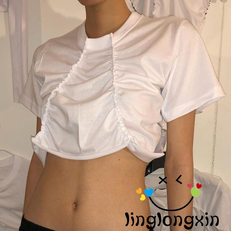 Áo Thun Croptop Tay Ngắn Cổ Cao Màu Trơn Thời Trang Cho Nữ Linglongxi2