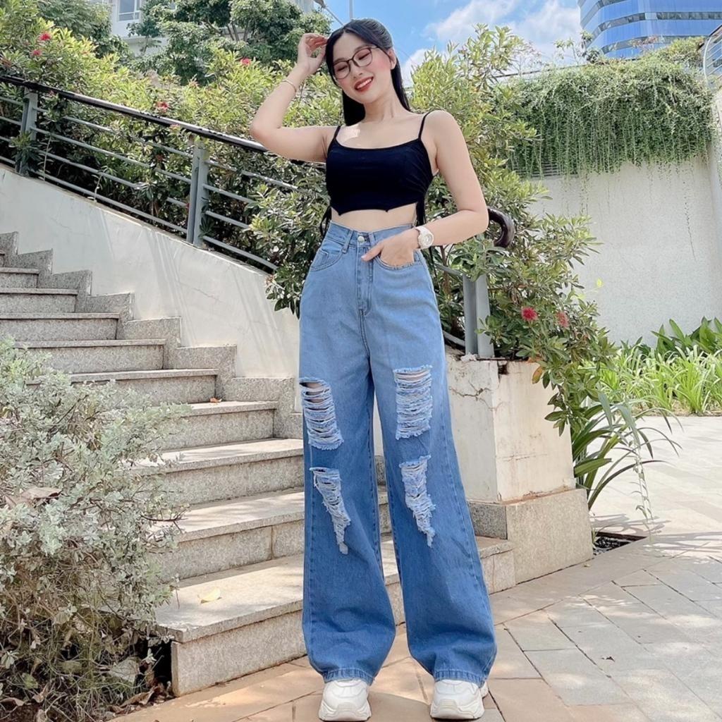 Quần Jean nữ ống suông cạp cao loang màu rách gối, chất bò dày dặn, không nhăn, không xù khi giặt MT5181 | BigBuy360 - bigbuy360.vn