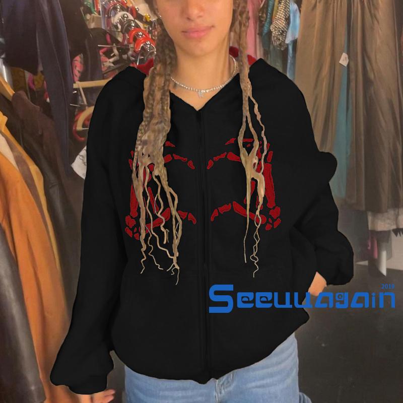 SEE-Áo hoodie dài tay dáng rộng in hình bàn tay xương có túi khóa kéo toàn diện cho nữ