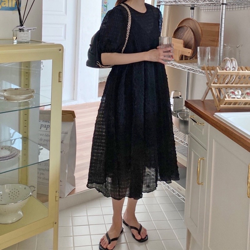 Đầm Suông Cổ Tròn Tay Phồng Váy Suông Màu Trơn Thời Trang Thanh Lịch Phong Cách Mới