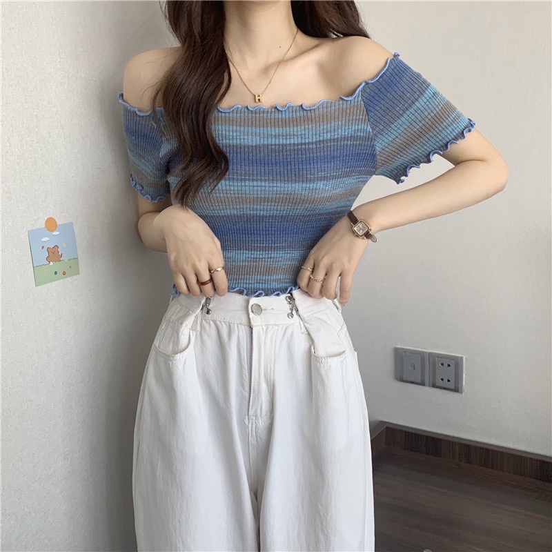 áo len thun trễ vai phối màu trẻ trung (45610#)