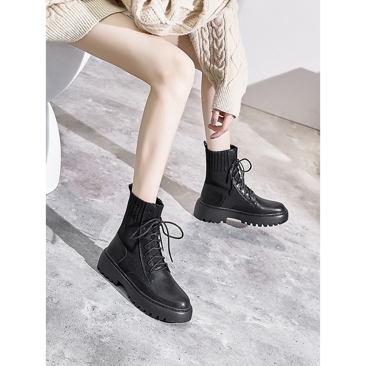 Giày boots cao cổ đế bằng chất da phối len cổ chun cực cá tính phong cách ulzzang giá rẻ cho nữ