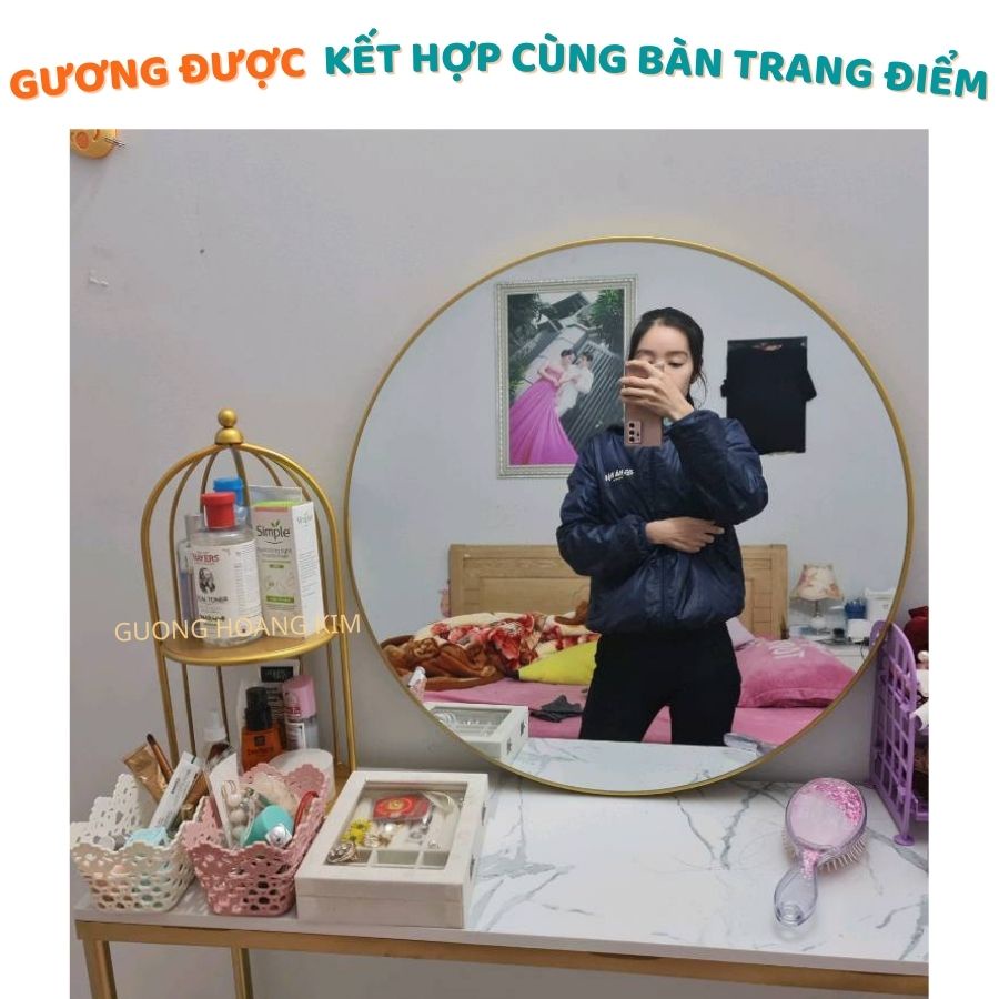 Gương tròn treo tường 𝐇𝐚̀𝐧𝐠 𝐜𝐨́ 𝐬𝐚̆̃𝐧 khung kim loại màu đen, gương để bàn trang điểm, phòng tắm kích thước D40cm