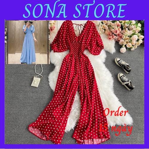 Jumpsuit dáng dài ống rộng cổ V chấm bi eo chun sexy gợi cảm sang chảnh tiểu thư bánh bèo cute hàng quảng châu cao cấp