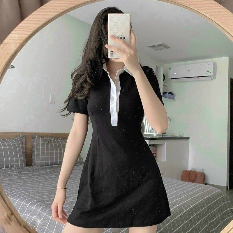 Đầm Dáng Ôm Body Polo Chất Thun Gân Co Dãn Màu Đen viền cổ trắng (chất vải quảng châu) | BigBuy360 - bigbuy360.vn