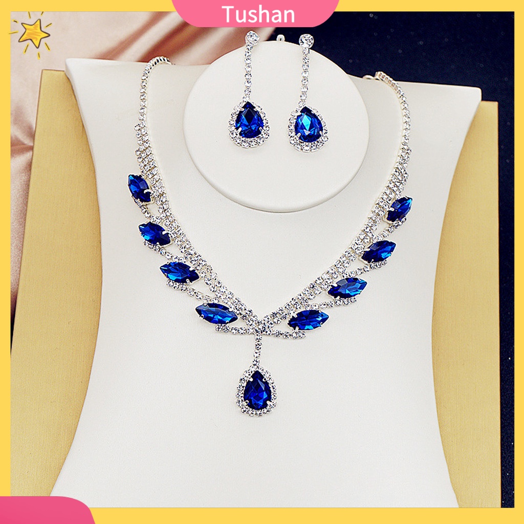 Set dây chuyền và đôi khuyên tai mặt hình giọt nước đính đá nhân tạo lấp lánh thời trang dành cho cô dâu