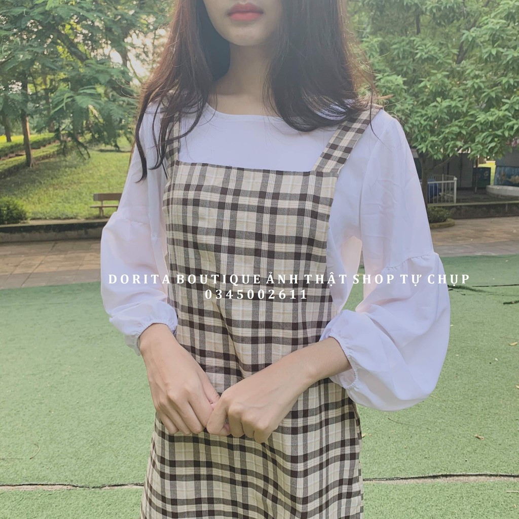 Set yếm kẻ ulzzang + áo voan tay bồng, Set váy caro ullzang - Dorita Boutique | BigBuy360 - bigbuy360.vn