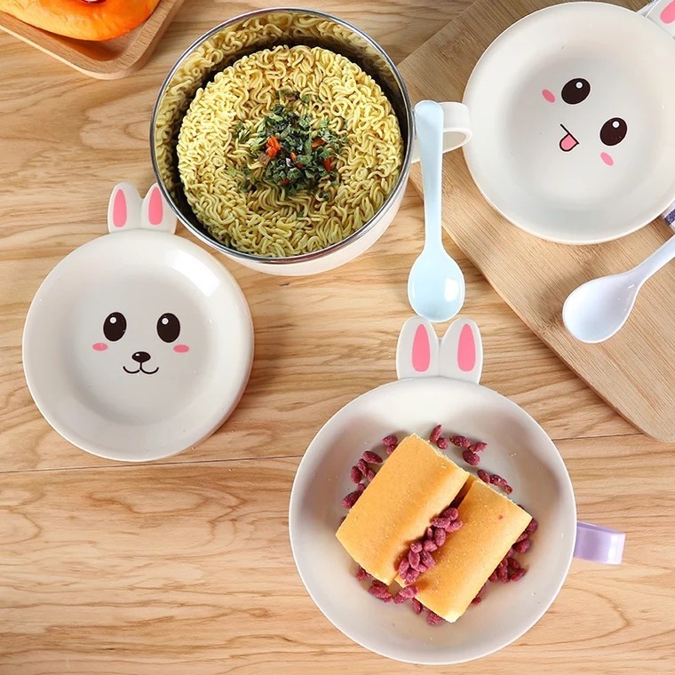 Bát ăn mì, bát úp mì tôm inox 2 lớp cách nhiệt hình thú dễ thương có nắp đậy