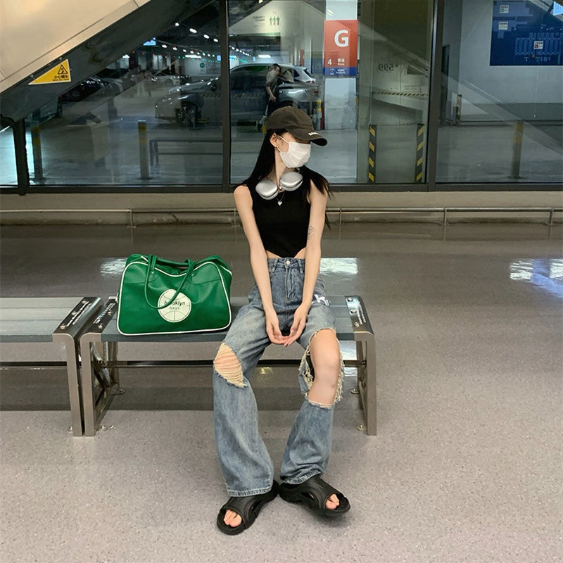 Quần Jeans Nữ Lưng Cao Ống Rộng Rách Gối Thời Trang