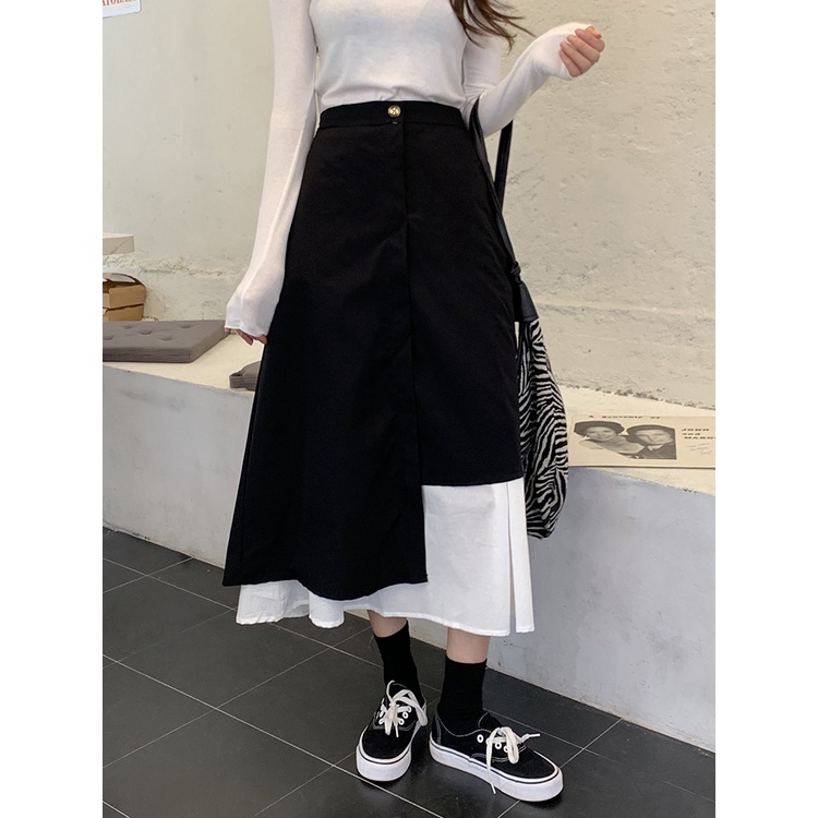 Chân Váy Dài Chữ A Ulzzang Vạt Lệch Phối Đen Trắng Zinti CV09