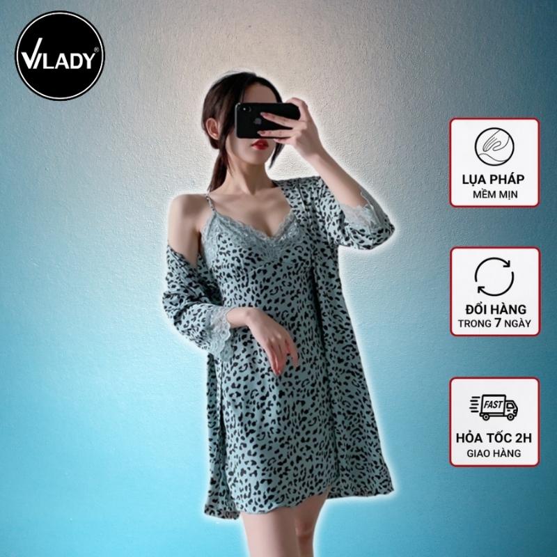 Set Áo Choàng Ngủ Kèm Váy 2 Dây VILADY Lụa Pháp Cao Cấp Tay Dài Phối Ren Bo Gấu Xinh Gợi Cảm Sexy S109